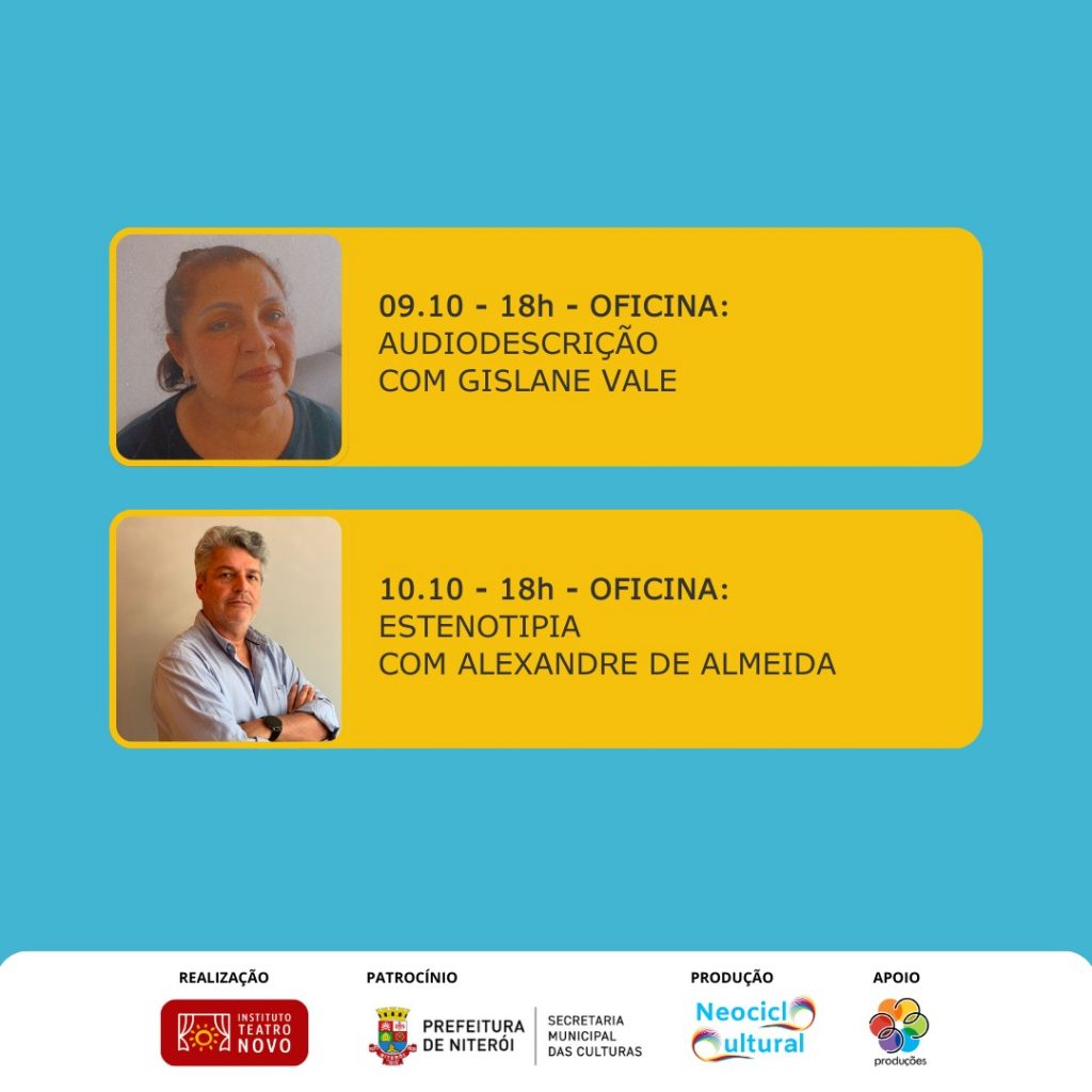 🎭✨O Práticas Acessíveis segue com tudo! Em setembro e outubro, acontece o Eixo 2 do nosso projeto, com encontros gratuitos especialmente voltados para os fazedores de cultura.💬🌍

Nosso objetivo é apresentar ferramentas e conceitos aos trabalhadores da cultura para que possam acessibilizar seus projetos garantido a inclusão de todas as pessoas com deficiência, mobilidade reduzida e neurodivergentes.🎨🎶

📅 Não perca! Confira a agenda completa e faça sua inscrição no link https://forms.gle/3itPsfrqUEZJ7fht7



Vamos juntos construir uma cultura mais acessível!

O *Práticas Acessíveis* é realizado pelo @institutoteatronovo, com o patrocínio da @prefeituraniteroi através da @smc.niteroi

#PraTodosVerem. Sequência de cinco cads de divulgação do Eixo 2 do projeto Práticas Acessíveis. No primeiro card, o texto: inscrições na bio. Eixo 2: Acessibilidade Cultural, Ciclos de Encontros Gratuitos. Horário: 18h. Local: Instituto Teatro Novo, Rua General Andrade Neves, 281, São Domingos, Niterói. Arraste para o lado e confira toda a programação. Nos outros quatro cards, a seguinte programação: dia 23 de setembro, 18h, Oficina: Acessibilidade no Audiovisual, com Graciela Pozzobon. Dia 24 de setembro, 18h, Oficina: Exposição Acessível, com Marina Baffini. Dia 25 de setembro, 18h, Oficina: Réplicas Táteis, com Marina Baffini. Dia 26 de setembro, 18h, Oficina: Recursos Sensoriais na Acessibilidade, com Sueli Mendonça. Dia 30 de setembro, 18h, Oficina: Contação de História Acessível, com Loide Aragão. Dia primeiro de outubro, 18h, Oficina: Libras em Shows e Teatros, com Jadson Abraão. Dia 2 de outubro, 18h, Oficina: Comunicação Alternativa, com Fernanda Aimée. Dia 3 de outubro, 18h, Oficina: Comunicação Acessível nas Redes Sociais, com Isadora Machado. Dia 8 de outubro, 18h, Palestra: Acessibilidade Cultural, com Felipe Monteiro. Dia 9 de outubro, 18h. Oficina: Audiodescrição, com Gislane Vale. Dia 10 de outubro, 18h, Oficina: Estenotipia . Alexandre de Almeida. Descrição das imagens: No canto superior direito do primeiro card, a logo do projeto, formada pelo desenho de duas mãos de quatro dedos cada. No topo, a mão azul mantém os dedos em arco para esquerda. Logo abaixo, a mão amarela, com os dedos em arco para cima, formando um círculo. Sobre a mão amarela, em preto: Práticas Acessíveis. Abaixo, em preto, título do projeto, horário e local. No canto inferior direito, ao lado do texto “Arraste para o lado e confira!”,  o desenho de mão com indicador apontado para cima, tendo, à esquerda, uma seta também voltada para a esquerda. Fundo em azul claro, preto e amarelo. Os quatro cards com a programação têm fundo azul claro e, cada um, três retângulos horizontais amarelos, tendo à esquerda a foto e, à direita, data, horário, título da oficina e nome do oficineiro ou palestrante. No rodapé de todos os cards, as logos do Instituto Teatro Novo (realização), Prefeitura de Niterói e Secretaria Municipal de Cultura (Patrocínio), da Neociclo Cultural (Produção) e da 33 Produções (Apoio). Fim da audiodescrição.

