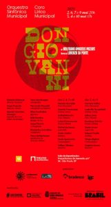 Clique aqui para confirmar presença.

Ministério da Cultura, Theatro Municipal de São Paulo, Sustenidos e Bradesco apresentam a ópera em dois atos: DON GIOVANNI, drama jocoso de Wolfgang Amadeus Mozart, com libreto de Lorenzo da Ponte. Com a Orquestra Sinfônica Municipal e Coro Lírico Municipal. Direção musical de: Roberto Minczuk, direção cênica de Hugo Possolo.
Sessões com audiodescrição e interpretação em Libras: dias 3 e 4 de maio (sábado e domingo) às 17:00 horas, e dia 6 de maio (terça-feira) às 20:00 horas.
Duração: 190 minutos (com intervalo).
Local: Theatro Municipal de São Paulo.
Endereço: Praça Ramos de Azevedo s/nº.
Classificação indicativa: Não recomendado para menores de 12 anos.
Realização: Lei de Incentivo à Cultura - Lei Rouanet; Sustenidos Organização Social de Cultura; Theatro Municipal de São Paulo; Ministério da Cultura, Governo Federal.
Favor confirmar presença por aqui, no whatsapp 11 94333-2923.
Se você for ligado a alguma instituição, entre em contato direto com o Núcleo de Articulação e Extensão do Theatro Municipal, via Programa de Gratuidade para reservar o seu convite pelo email: gratuidade@theatromunicipal.org.br ou pelo whatsapp 11 3367-7235.
Sinta-se à vontade, na nossa casa ou na sua. O Theatro Municipal é seu.

Sobre a ópera: O célebre drama jocoso, com pitadas de comédia e toques sobrenaturais, fruto da parceria explosiva entre Mozart e o libretista Lorenzo Da Ponte, volta ao Theatro Municipal de São Paulo numa nova e vibrante encenação assinada por um mestre do picadeiro: Hugo Possolo. Conta a história de Don Giovanni, o destemido e amoral mulherengo, e das mulheres que orbitam em sua vida – Donna Anna, Donna Elvira e Zerlina, cada uma trazendo à cena, em corpo e música, uma força singular que tanto desafia quanto denuncia o protagonista.

Audiodescrição: o convite retangular na vertical, com fundo vermelho, escrito com letras brancas e pretas, é ilustrado na parte superior por seis circunferências concêntricas pretas de tamanhos variados, intercaladas, com as bordas encostadas no canto superior direito, formando uma espécie de espiral, semelhante à pupila de um olho. O título da ópera, escrito em três linhas, com letras de forma grandes douradas, e os nomes do autor e libretista, escritos com letras brancas pequenas, estão sobrepostos à imagem. Na parte inferior do convite, as logomarcas dos patrocinadores e realizadores.

