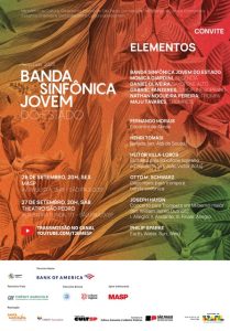 Clique aqui para confirmar presença. Ministério da Cultura, Governo do Estado de São Paulo, por meio da Secretaria da Cultura, Economia e Indústria Criativas e Santa Marcelina Cultura apresentam o Concerto da Banda Sinfônica Jovem do Estado, regida pela Maestrina Mônica Giardini. No repertório, obras de Fernando Morais, Henri Tomasi, Heitor Villa-Lobos, Otto Schwarz, Joseph Haydn e Philip Sparke. Sessão com audiodescrição: dia 27 de setembro (sábado), às 20:00 horas. Local: Theatro São Pedro. Endereço: Rua Barra Funda, 171, Barra Funda-SP (próximo à Estação de metrô Marechal Deodoro). Classificação: Livre Audiodescrição: VER COM PALAVRAS. Roteiro e narração: Lívia Motta. Consultoria e dinâmica musical: Felipe Monteiro. Pessoas com deficiência visual, favor confirmar presença por aqui, no whatsapp 11 94333-2923. Aguardamos vocês!!! Lei Rouanet-Lei de Incentivo à Cultura Patrocinadores: (Master) Bank of America; (Prata) Crédit Agricole; (Bronze) WALLERSTEIN – Ciência para a Indústria e Cultura Inglesa. Apoio Institucional: MASP. Realização: Santa Marcelina Cultura, EMESP, CULTSP. Audiodescrição: o convite, com fundo em tons de vermelho e verde, escrito com letras brancas, é ilustrado por ramos de folhas e flores em tons de marrom. No rodapé, as logomarcas dos patrocinadores, apoiadores e realizadores. 